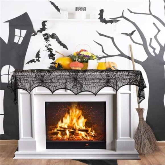 Halloween Cobweb Fireplace Scarf, Black Lace Spiderweb Mantle Scarf - Picture 5 of 8
